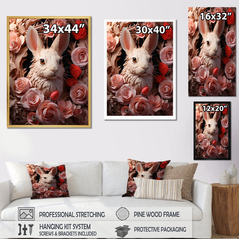 Romantiques moments de lapin sur toile, Cadre flottant noir, H 40 po x l 30 po x P 1,5 po