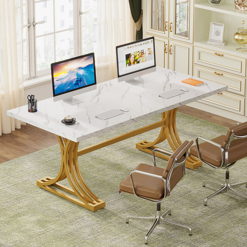 Philipe Iron Executive Desk, White Marble/Gold