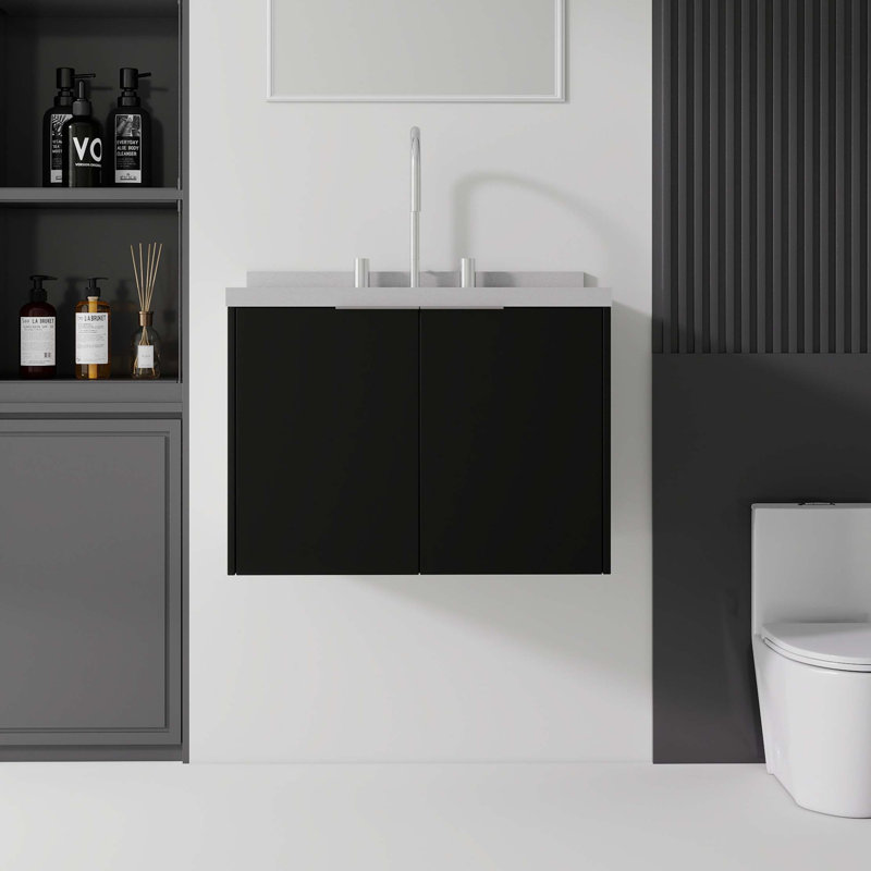 Meuble-lavabo suspendu avec lavabo, porte à fermeture douce et comptoir en marbre reconstitué, Noir