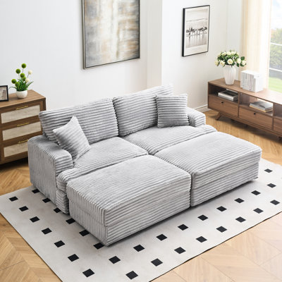 88,23 pouces de velours côtelé gris, 3 sièges, deux pieds de rangement, doux comme un nuage, conception moderne pour le salon et le bureau, coussins en mousse à mémoire de forme à haute résilience, siège gris, quatre coussins,