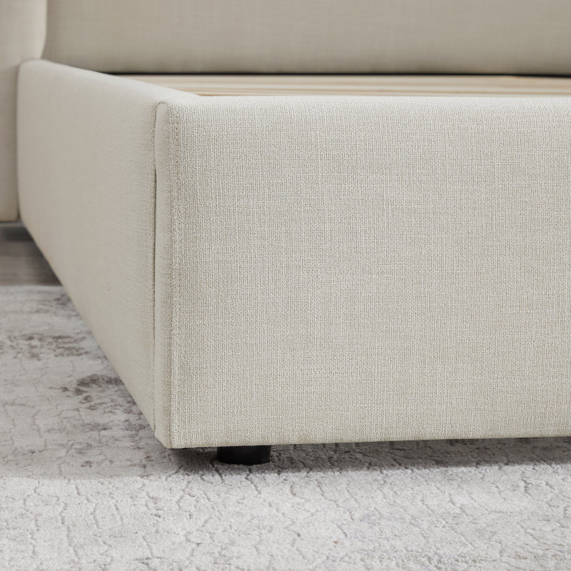 Jayla Upholstered Platform Wingback Bed, Queen, Effie Linen Performance Linen