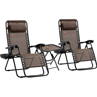 Zero Gravity Chair With Comfort Pillows - Folding Reclining Chairs Cupholders & Table For Outdoor Use , Brown Foldable Leisure Pool, Backyard, Lawn, Beach Side Included