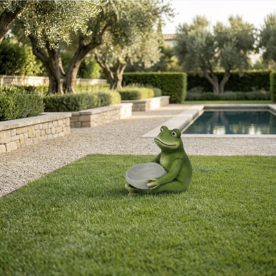 Statue de grenouille vert mousse Rory de 38 cm tenant un bol