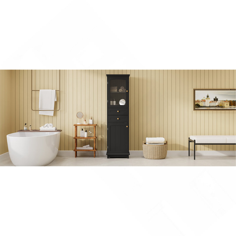 Armoire de rangement pour salle de bain de 63 po de hauteur avec portes en verre, deux tiroirs et tablettes réglables, panneau de fibres à densité moyenne, peint en noir - parfait pour exposer vos articles préférés