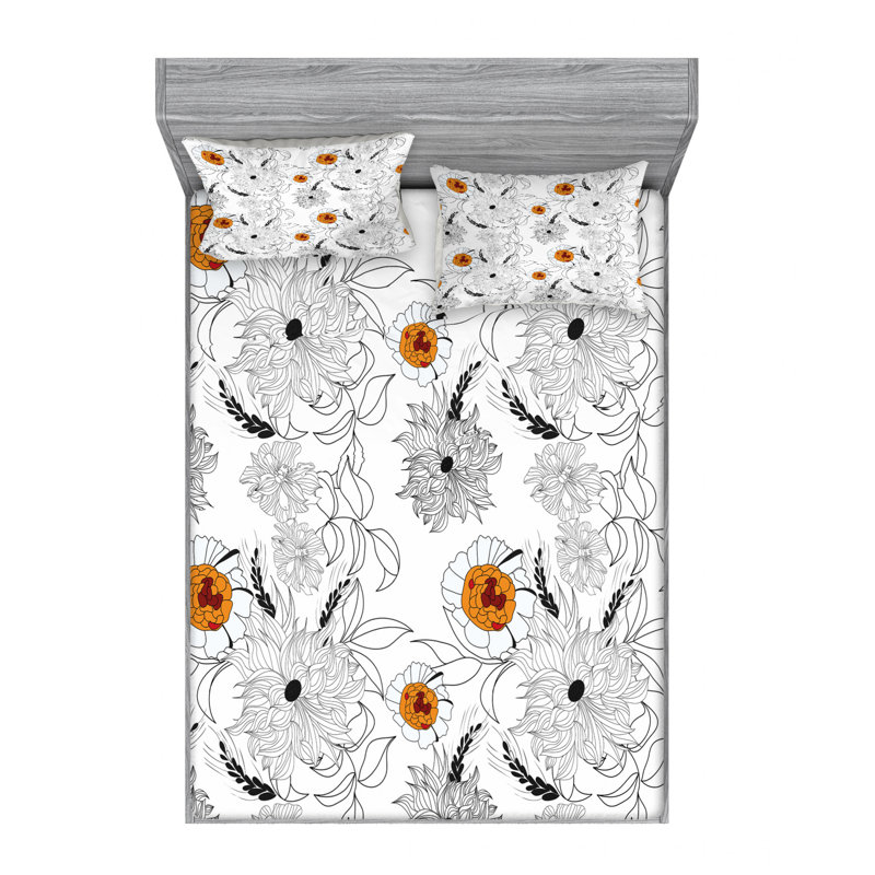 Microfiber Sheet Set, Full/Double Sheet Set with Fitted Sheet, Simplistic Flower