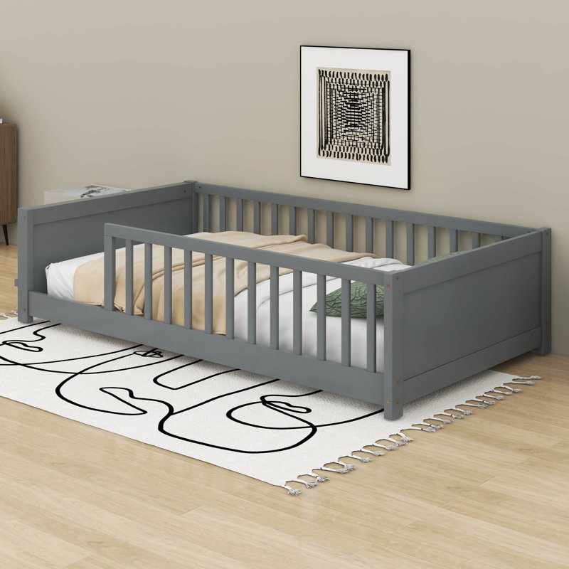 Newton Floor Platform Bed With Built-In Book Storage Rack, Gray