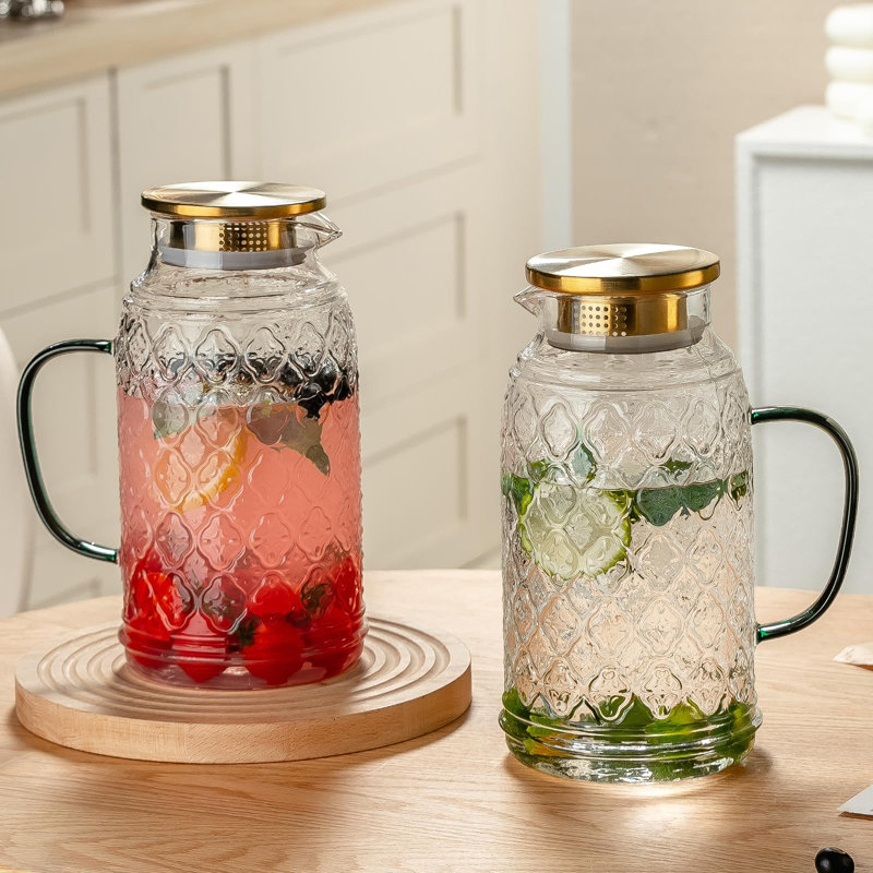 Pichet en verre avec couvercle, pichet à eau vintage 2 L 84 oz / 2,5 L, carafe en verre borosilicaté transparent pour infusion à froid, café, limonade, thé glacé, boisson, résistant à la chaleur