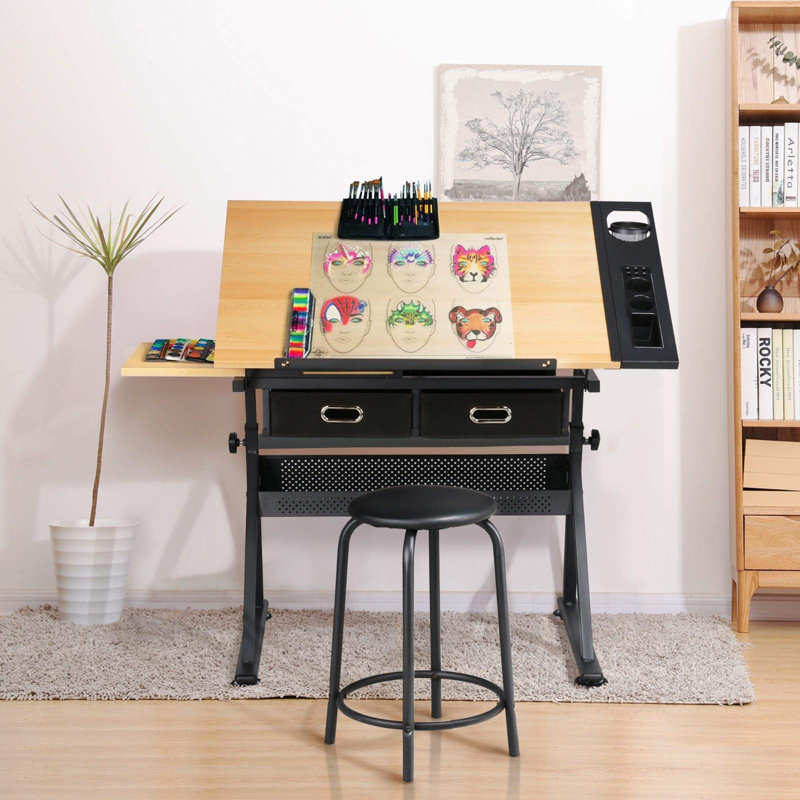Height Adjustable Drawing and Drafting Table, Wood
