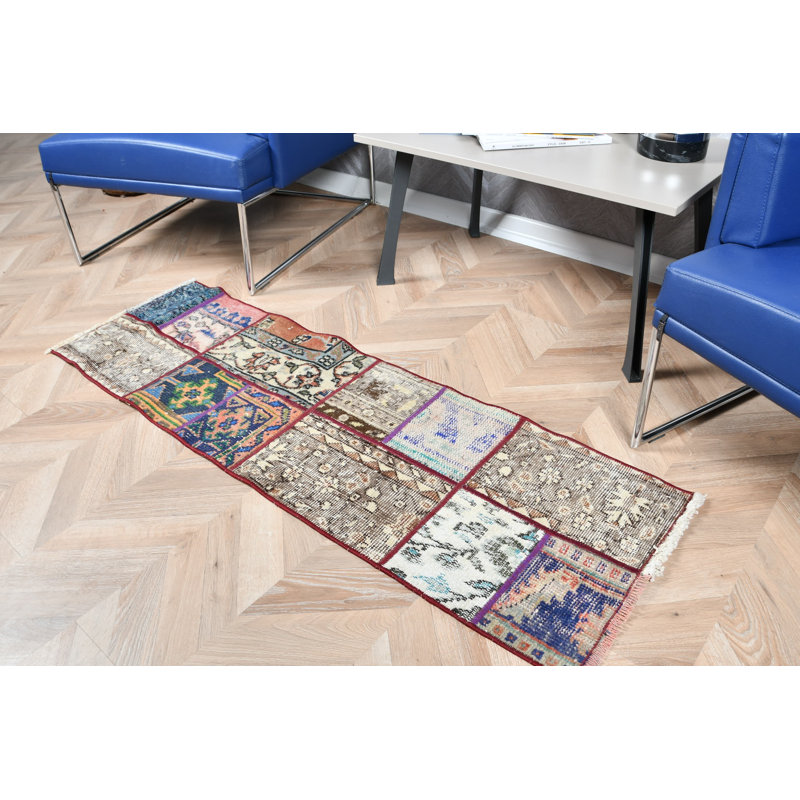 Handmade Vintage Turkish Runner Rug Featuring Unique Multicolor Patchwork Design With Geometric Patterns Ideal For Hallways