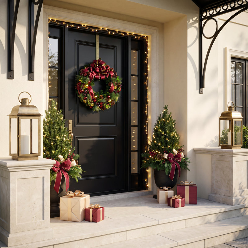 32" Evergreen Wreath With Berries, Ornaments And A Velvet Bow