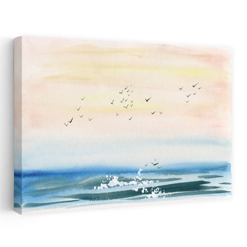 Coucher de soleil sur la côte, bleu, oiseau blanc, côtier, H 60 po x l 40 po