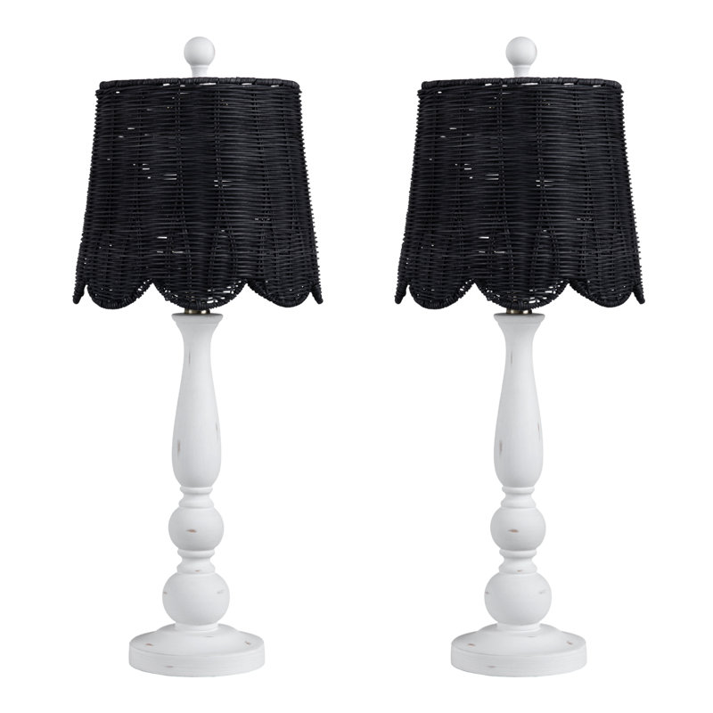Set Of 2 White Resin Buffet Lamp With Rattan Shade