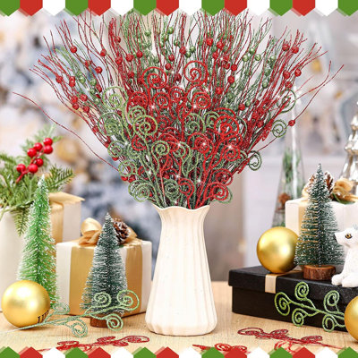 36pcs Red & Green Christmas Tree Picks And Sprays – 17" & 12" Glitter Artificial Flowers, Berry Stems & Branches For Xmas Tree, Wreath & Vase Décor
