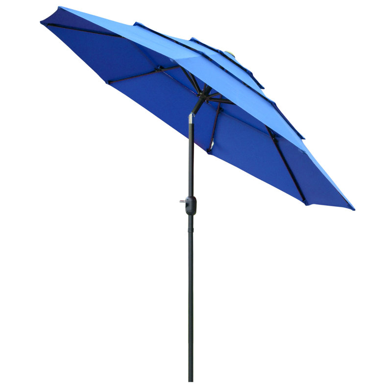 Parasol de patio à 3 niveaux avec manivelle et bouton poussoir inclinable, Bleu