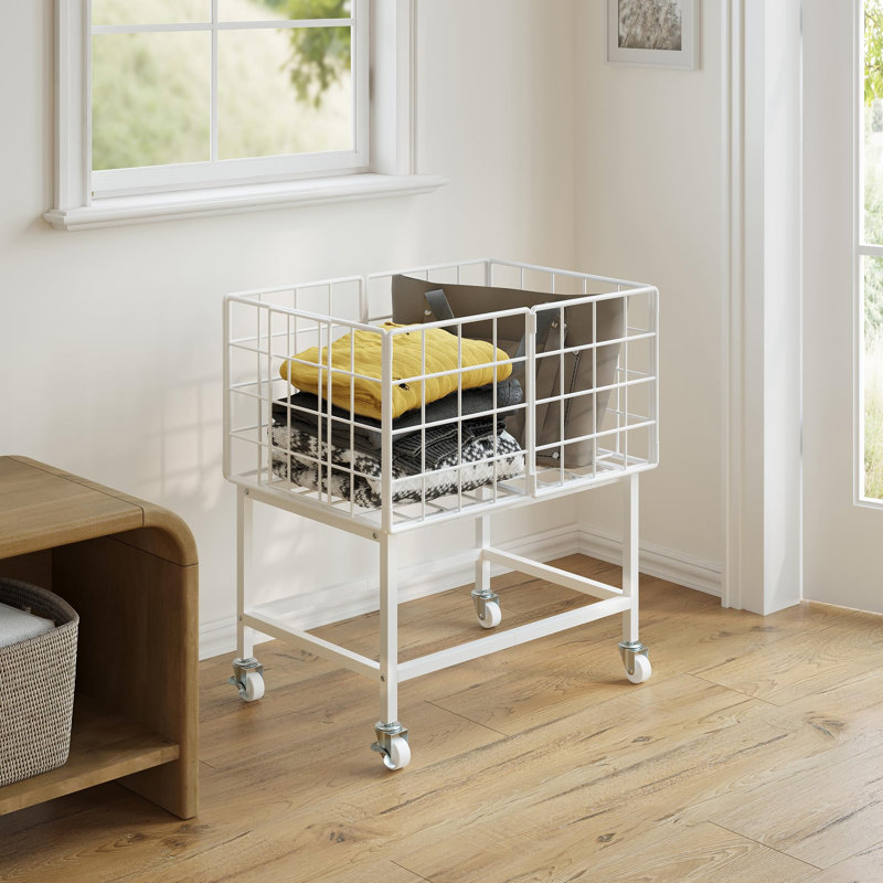 Panier à linge roulant, chariot à linge avec roues en métal, blanc