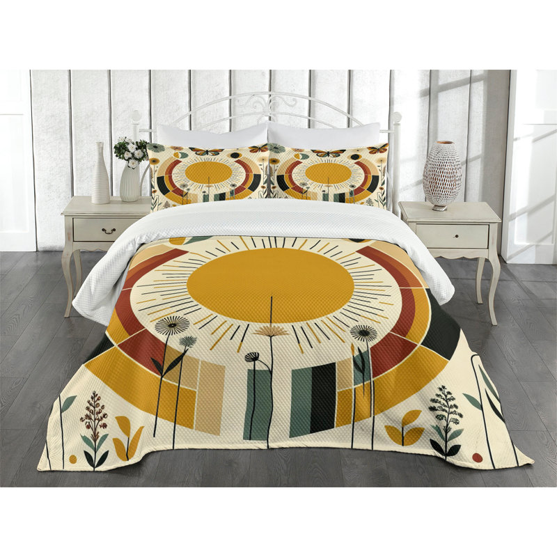 Ambesonne Mid Century Modern Bedspread Set Boho Sun Moth Pale Coffee Eggshell, Queen Bedspread + 2 Standard Shams