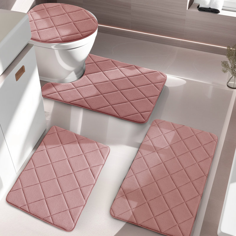 Bath Rug with Non-Slip Backing Memory Foam (Set of 4), Pink