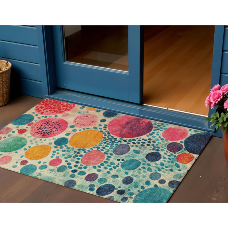 3' X 5' Teal Blue Pink And Orange Geometric Washable Indoor Outdoor Area Rug