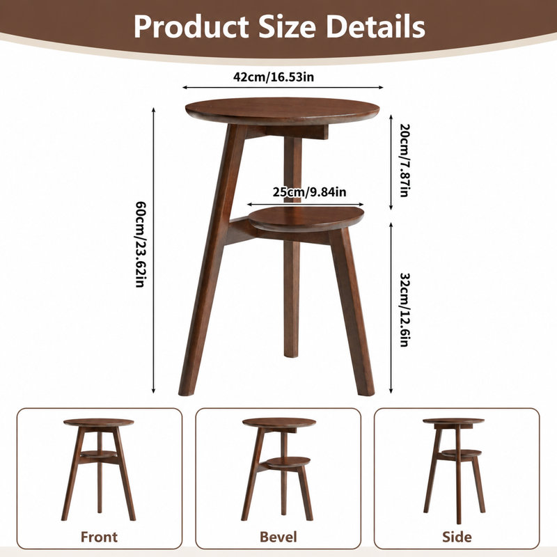 Table de chevet à 2 niveaux en bois massif avec table de bout ronde et tablette de rangement inférieure