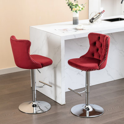 With Adjustable Seat Height 25 - 33 Inch, Velvet Upholstered, Base, , Wine Red/Burgundy, For Home Use Seat, Comfortable Pub And Kitchen Island