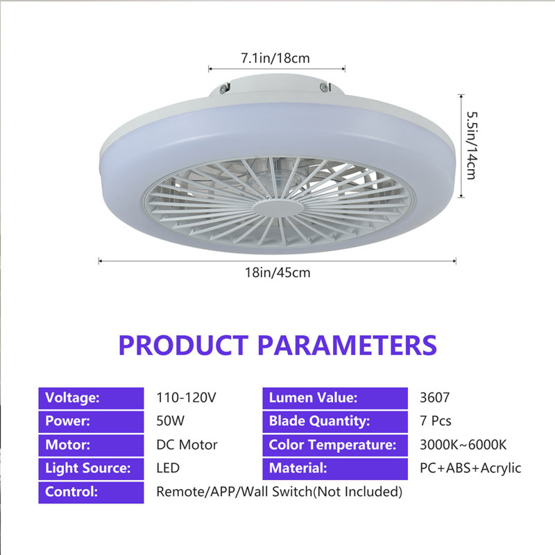 Ventilateur de plafond de 18 pouces avec télécommande RVB, ventilateurs de plafond à DEL intelligents avec télécommande / contrôle d'application, ventilateur de plafond moderne à profil bas et à intensité variable pour chambre à coucher, salon, 