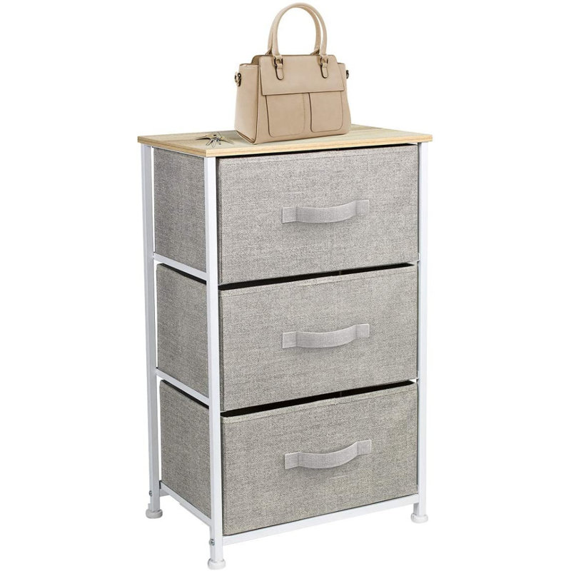 Beige 3-Drawer Steel Frame Nightstand with Fabric Bins