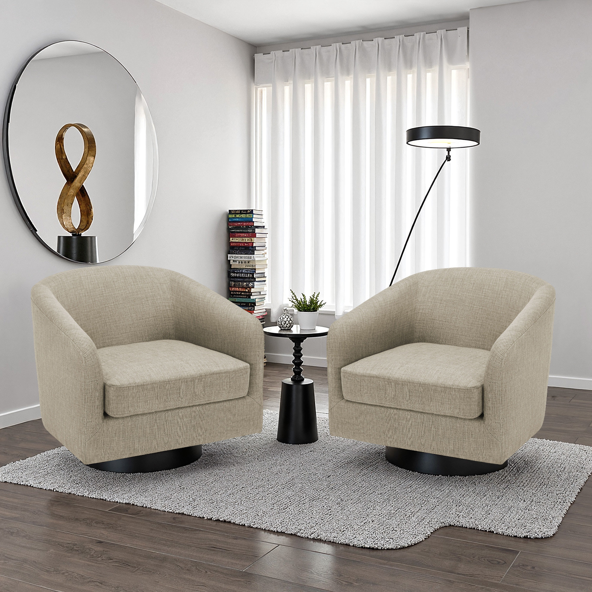 Wrought Studio™ Applewold Upholstered Swivel Barrel Chair with Solid ...