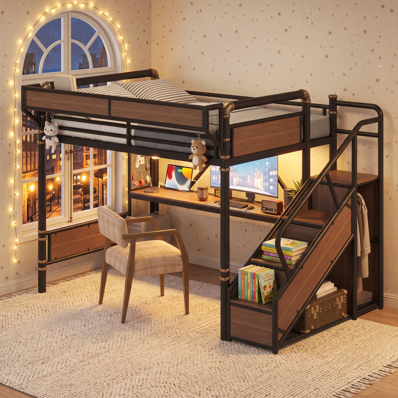 Lit mezzanine pour enfants AVELOR avec bureau intégré, lumières DEL et rangement intelligent pour jouer et étudier, Queen