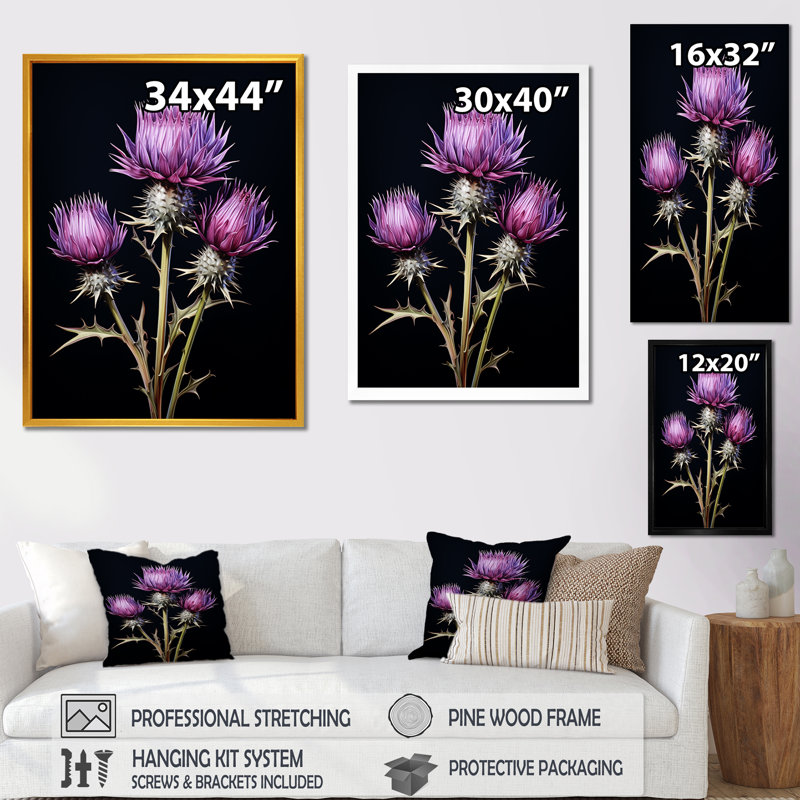 «Black Thistle Flowers I - Thistle», art mural, Cadre simple noir, H 20 po x l 12 po x P 1 po