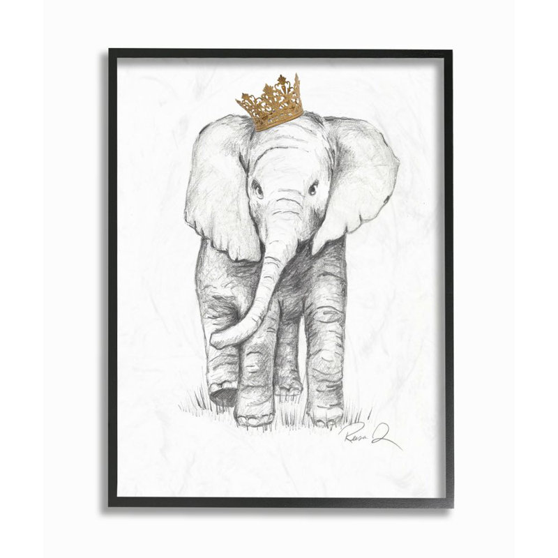 «Elephant Royalty Graphite Dessin», reproduction de dessin, H 14 po x l 11 po x P 1,5 po, Giclée encadrée noir minuit