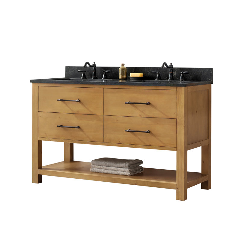 Keri 54'' Double Bathroom Vanity with Blue Limestone Top, Tan/Antique Black