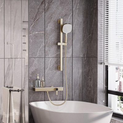 Système de douche thermostatique encastré numérique brossé or, ensemble de douche mural à 3 jets avec douche de pluie et cascade et douchette à fonction unique, valve thermostatique en laiton certifiée CUPC