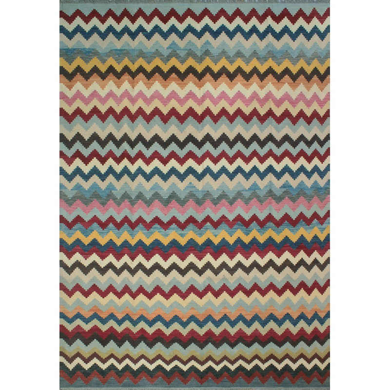 Tapis décoratif de laine noué à la main rouge/bleu de conception unique 10 pi 3 po x 13 pi 10 po Reta