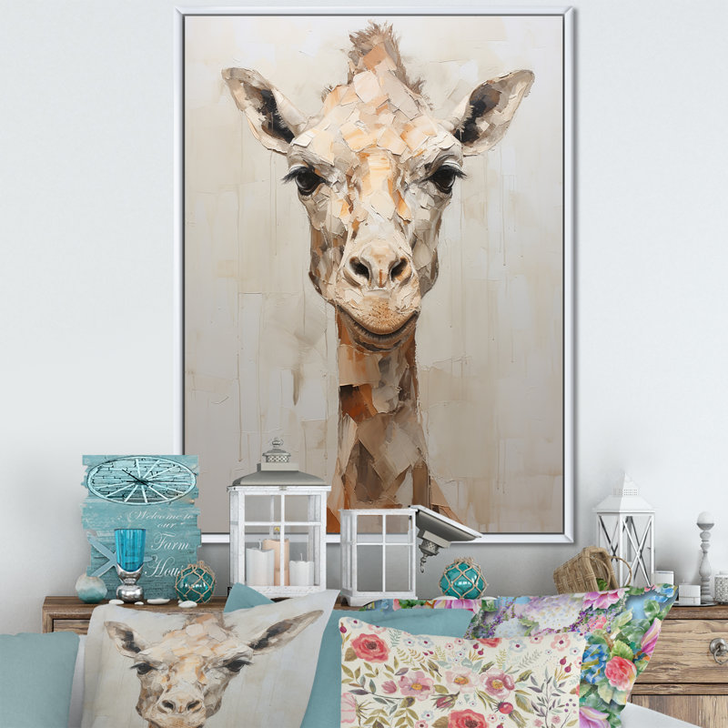 Minimalisme, girafe beige sur toile, Cadre flottant blanc, H 32 po x l 24 po x P 1 po