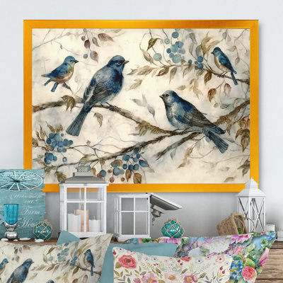Four Vintage Blue Birds On A Branch IV - Bird Wall Art