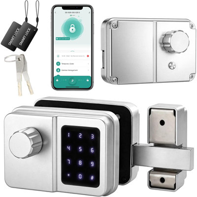 SEPOX Smart Gate Lock, Outdoor Gate Lock For Fence & Garage Door, Electronic Keyless Gate Lock IC Card, Passcode & Mechanical Key, Waterproof Rim Lock For Outdoor Garden Yard (Silver, Single Screen)