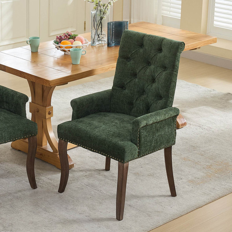 Élégante chaise de salle à manger rembourrée en tissu de chenille avec pieds courbés en bois massif et conception capitonnée pour la salle à manger, la cuisine et plus encore