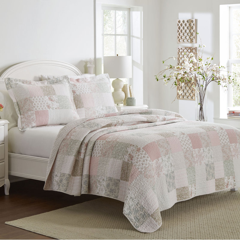 Laura Ashley Celina Patchwork Cotton Reversible Quilt Set, Queen, Light Pink