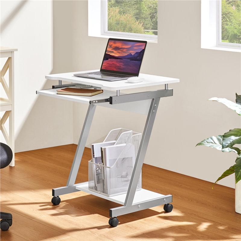 Z-shaped Computer Desk with 4 Wheels, White