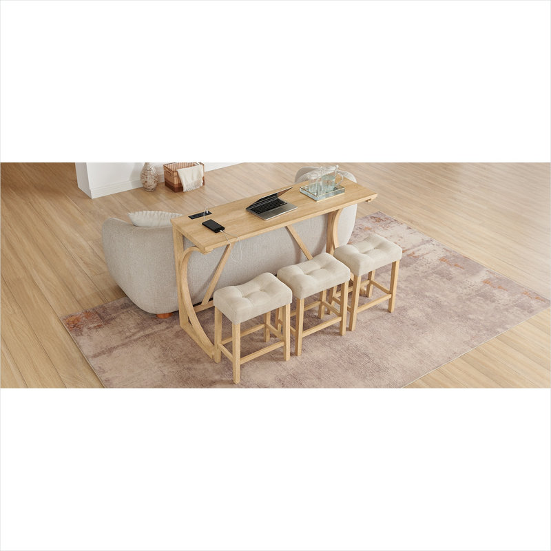 Ensemble de table de bar 59 pièces 4 pièces avec prise de courant, 3 tabourets rembourrés, structure en bois massif, finition chêne clair