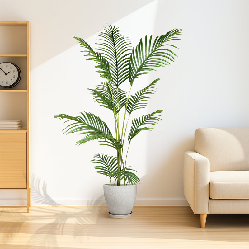 Pots de plantes ronds avec plateau en forme de palmier artificiel de type B et résine, H 62,99 po x l 19,69 po x P 19,69 po