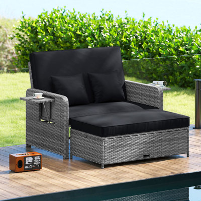 Wicker Loveseat Sofa Set Patio Rattan Daybed With Ottoman & Retractable Side Tray