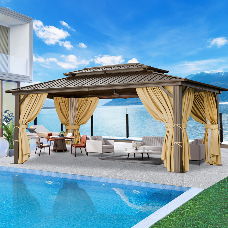 Pavillon de jardin rigide 10 x 12 avec toit double en acier galvanisé, pavillon de spa （3,0）, Brun