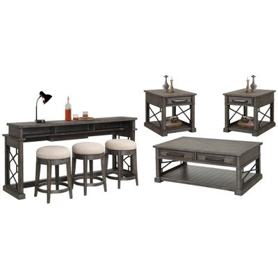 Table basse avec 2 tables de bout et console avec 3 tabourets