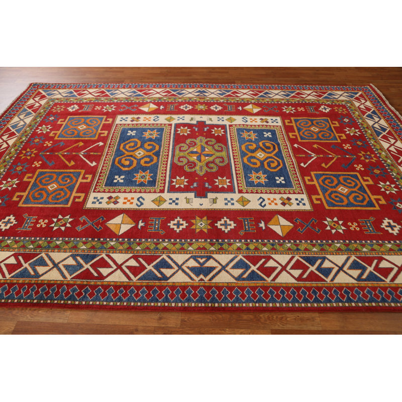 Tapis oriental géométrique Kazak fabriqué à la main 7 x 10