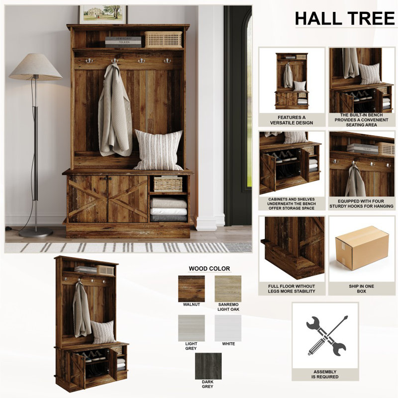 Hall Tree with Storage Cabinet, Walnut