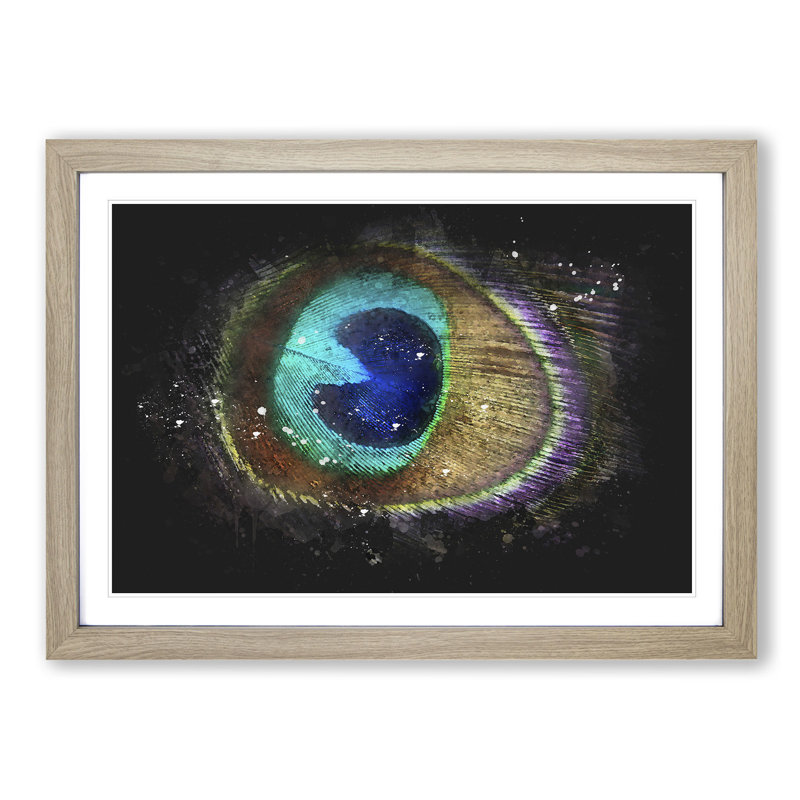 Delicate Peacock Feather Paint Splash - Picture Frame Graphic Art, 45cm H x 63cm W x 2cm D, Oak Framed