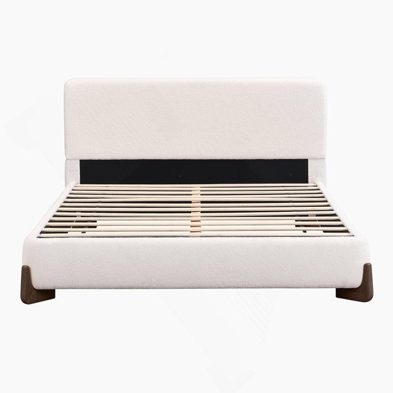 Élégant lit tapissier de taille Haledon avec pieds en bois massif brun foncé, centre de chambre luxueux et confortable, blanc