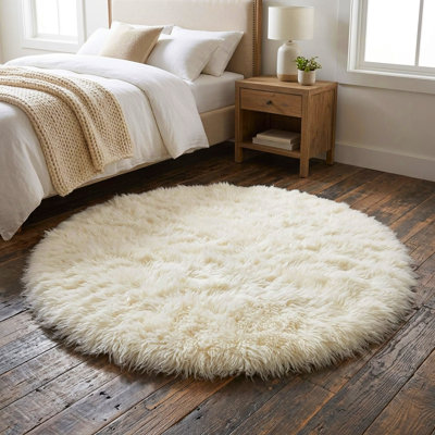Ultra-plush Round Flokati Rugs in popular sizes. Thick 4” organic wool pile. Natural off white wool area rug.