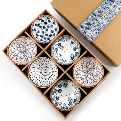 Ceramic Rice Bowls Gift Set of 6,10oz Bohemian Style Small Dessert Bowls,4.6''Colorful Dinnerware Serving Bowls for Cereal, Soup,Snack,Fruit,Salsa,Microwave & Dishwasher Safe